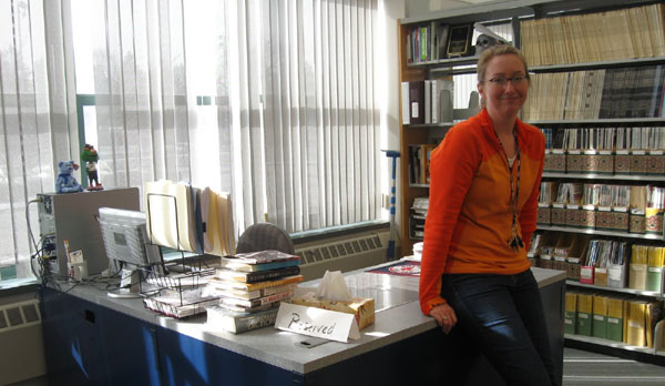 Librarian moves "office" to main floor of library