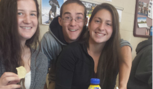 Senior AP students Noelle Picard, Jacob Francisco, and Victoria Frenier pose outside of the cafeteria during second lunch. The lunch splits their AP English class.